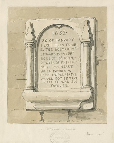 Seighford Church – Kamienna tablica do Edwarda Bowyera: rysunek w sepii, bd [?1838] (rysunek) autorstwa Thomas Peploe Wood