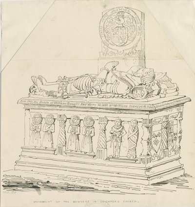 Seighford Church - Grób Williama i Miłosierdzia Bowyer: rysunek piórem i tuszem autorstwa Thomas Peploe Wood