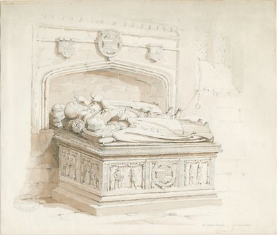 Stowe Church - Tablica grobowa [sir Waltera Devereux]: rysunek w sepii autorstwa Thomas Peploe Wood