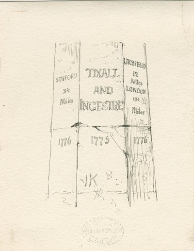 Tixall - Kamienny filar pokazujący przebieg: rysunek piórem i tuszem, nd [połowa XIX wieku] (rysunek) autorstwa Thomas Peploe Wood