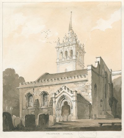 Kościół Trentham: rysunek w odcieniu sepii i żółci, nd [?1838] autorstwa Thomas Peploe Wood