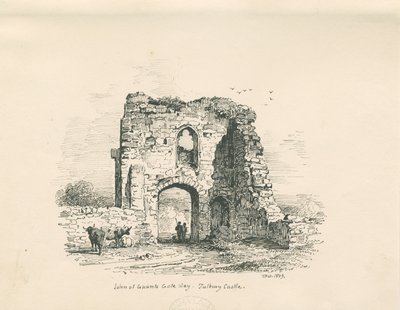 Zamek Tutbury - Brama Jana Gaunta: rysunek piórem i tuszem, 1839 autorstwa Thomas Peploe Wood