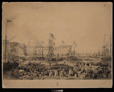Wodowanie okrętu Trafalgar, w obecności Jej Najłaskawszej Wysokości Królowej Wiktorii i Jego Królewskiej Wysokości Księcia Alberta, w H.M. Dock Yard, Woolwich... autorstwa Thomas Picken