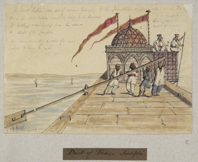 „Pokład Indus Jumpti. T.P. 1841”. Czterech mężczyzn wiosłujących z gigantycznym wiosłem, z „Albumu 212 rysunków i 11 litografii przedstawiających kostiumy, zawody, dekoracje i budynki w Sind, Cutch i Bombaju” autorstwa Thomas Postans