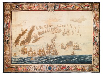 Historyczny gobelin przedstawiający bitwę pod Solebay, Mortlake, projekty przypisywane Williamowi van de Velde, ok. 1688 autorstwa Thomas Poyntz