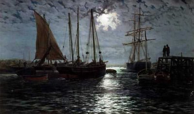 Przystań w blasku księżyca (olej na płótnie) autorstwa Thomas Rose Miles