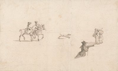 Jeźdźcy, figurki i pies (pióro i atrament na papierze) autorstwa Thomas Ross