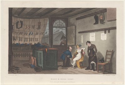 Sklep z butami i butami, z Poetical Sketches of Scarborough, 1813., 1813. Twórcy: Thomas Rowlandson, Joseph Constantine Stadler, J. Bluck. autorstwa Thomas Rowlandson, Joseph Constantine Stadler, J. Bluck