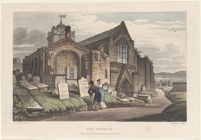 Kościół, z Poetical Sketches of Scarborough, 1813., 1813. Twórcy: Thomas Rowlandson, Joseph Constantine Stadler, J. Bluck. autorstwa Thomas Rowlandson, Joseph Constantine Stadler, J. Bluck