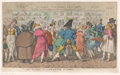 Tłum przed oknem wydawcy Aarona Martineta na Rue du Coq w Paryżu Les musards de la rue du Coq a Paris (tytuł na obiekcie) autorstwa Thomas Rowlandson (attributed to)