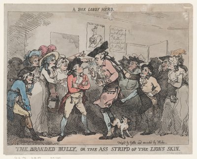 „Bohater z przedpokoju”, „Znany łobuz” albo „Osioł pozbawiony lwiej skóry”. autorstwa Thomas Rowlandson