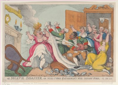 Smutna katastrofa, czyli peruka panny Fubby Fatarmin zapaliła się, 20 września ..., 20 września 1813 r. autorstwa Thomas Rowlandson