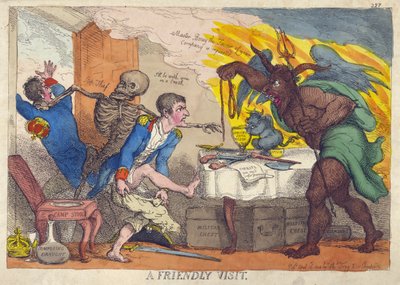 PRZYJAZNA WIZYTA, satyra na porażkę Napoleona, jego abdykację i przejście na Elbę autorstwa Thomas Rowlandson