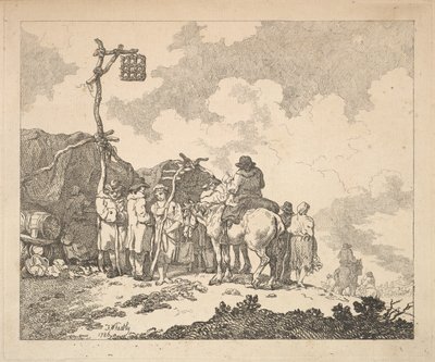 Jarmark - grupa Cyganów - mężczyźni i kobiety w rustykalnych strojach przed dwoma prowizorycznymi te..., 1786. autorstwa Thomas Rowlandson