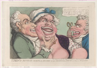 Francuski dentysta pokazujący okaz swoich sztucznych zębów i fałszywego podniebienia..., 26 lutego 1811. autorstwa Thomas Rowlandson