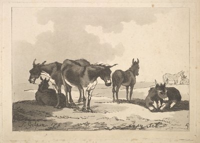 Grupa pięciu osłów, trzech stojących, dwóch leżących, 1783-87. autorstwa Thomas Rowlandson