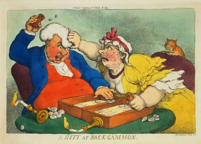 Hitt at Backgammon (kolorowa akwaforta) autorstwa Thomas Rowlandson