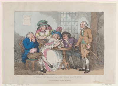 Dama w stanie zawieszenia, czyli odrzucono kaucję Żyda, [30 listopada..., [30 listopada 1785], wznowione 1 lipca 1802. autorstwa Thomas Rowlandson