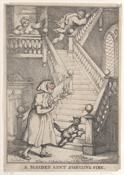 A Maiden Aunt Smelling Fire, [1 maja 1806], wznowione 1 maja..., [1 maja 1806], wznowione 1 maja 1812. autorstwa Thomas Rowlandson