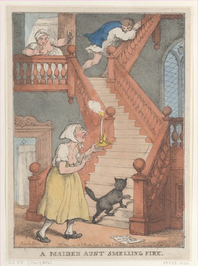 A Maiden Aunt Smelling Fire, [1 maja 1806], wznowione 1 maja..., [1 maja 1806], wznowione 1 maja 1812. autorstwa Thomas Rowlandson