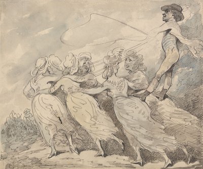 Mężczyzna prowadzący zaprzęg złożony z sześciu dziewcząt autorstwa Thomas Rowlandson