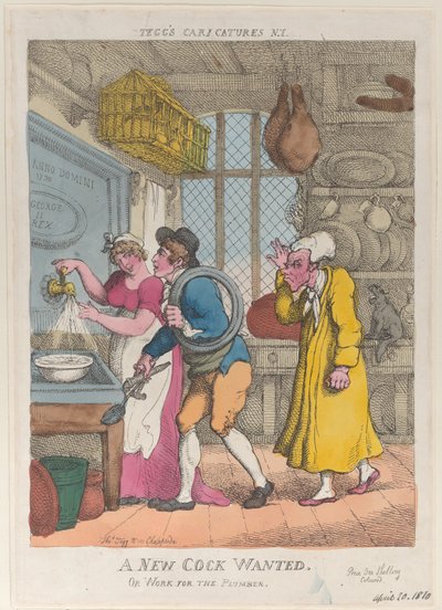 Poszukiwany nowy kogut, czyli praca dla hydraulika, 20 kwietnia 1810 r., 20 kwietnia 1810 r. autorstwa Thomas Rowlandson