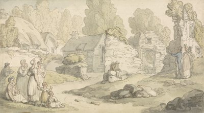Scena wioski z postaciami i zrujnowanymi budynkami (akwarela, długopis i atrament i ołówek na papierze) autorstwa Thomas Rowlandson