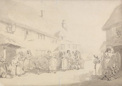 Scena wiejska z dziewczynami przy kołowrotkach autorstwa Thomas Rowlandson