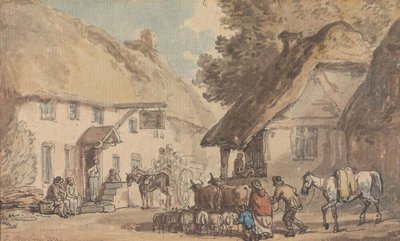 Wiejska ulica, po której przepędza się bydło i owce autorstwa Thomas Rowlandson