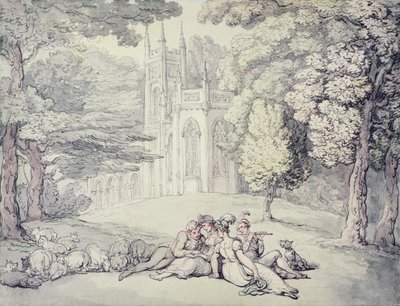 College green z grupą dziewcząt i młodych dżentelmenów na pierwszym planie, ok. 1810-15 (pióro i atrament oraz akwarela na ołówku na papierze) autorstwa Thomas Rowlandson