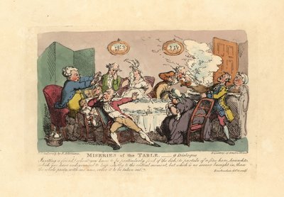 Przyjęcie obiadowe zrujnowane przybyciem śmierdzącego dania z dziczyzny. autorstwa Thomas Rowlandson