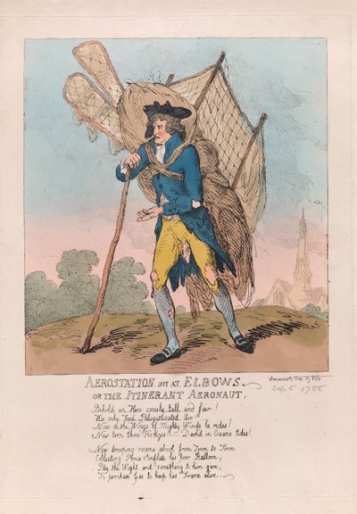 Aerostation out at Elbows lub Wędrujący Aeronauta, wyd. 1785 (grawerowanie ręcznie kolorowane) autorstwa Thomas Rowlandson