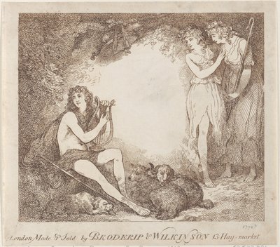 Karta handlowa Apollo, Lyra i Daphne ilustrująca operę Marian, 1797-99., 1797-99. autorstwa Thomas Rowlandson