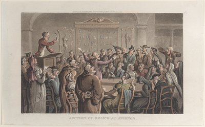 Aukcja relikwii w Awinionie, z Journal of Sentimental Travels in the Southern Provinc..., 1821. autorstwa Thomas Rowlandson