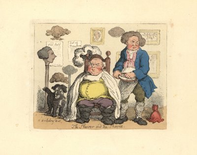 Fryzjer i klient w zakładzie fryzjerskim ozdobionym perukami. autorstwa Thomas Rowlandson