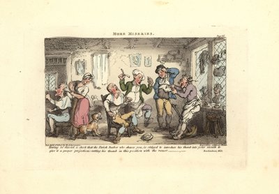 Fryzjer obcina kciuk, próbując ogolić klienta. autorstwa Thomas Rowlandson