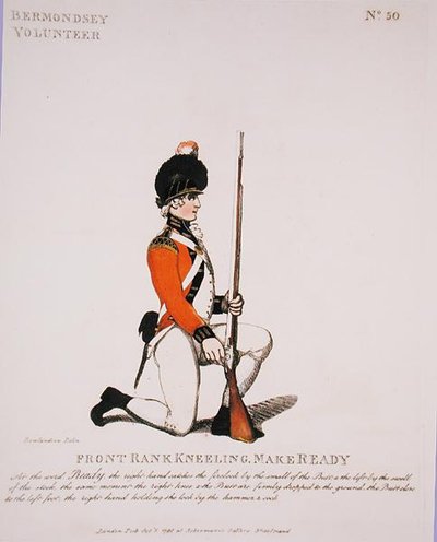 Bermondsey Volunteer, tablica 50 z „Loyal Volunteers of London and Environs”, wydana w 1798 r. (kolor lito) autorstwa Thomas Rowlandson