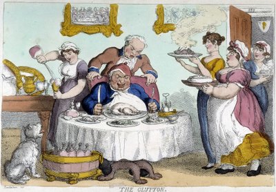 Burżuazja przed obfitym posiłkiem serwowanym przez wielu służących - karykatura Rowlandsona autorstwa Thomas Rowlandson
