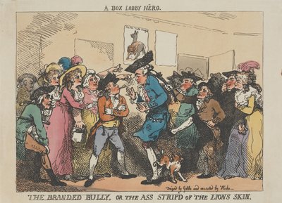 „Bohater z lobby”, „Znany łobuz” albo „Osioł pozbawiony lwiej skóry” autorstwa Thomas Rowlandson