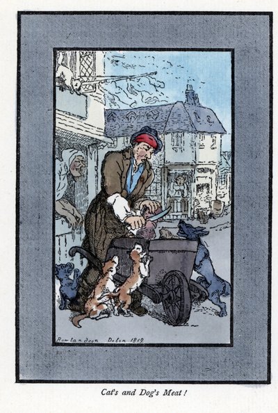 Wędrowny rzeźnik krojący kawałek mięsa powiedział, że psy i koty atakują koło jego taczki. Drzeworyt według obrazu Thomasa Rowlandsona (1756-1827), opublikowany w The Cris of London: z sześciorgiem uroczych dzieci i prawie 40 ilustratorami autorstwa Thomas Rowlandson