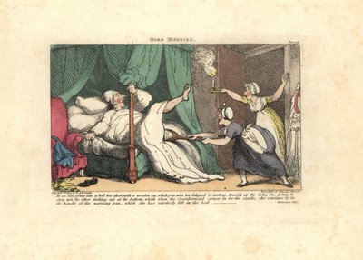 Pokojówka ciągnie za drewnianą nogę śpiącego gościa. autorstwa Thomas Rowlandson