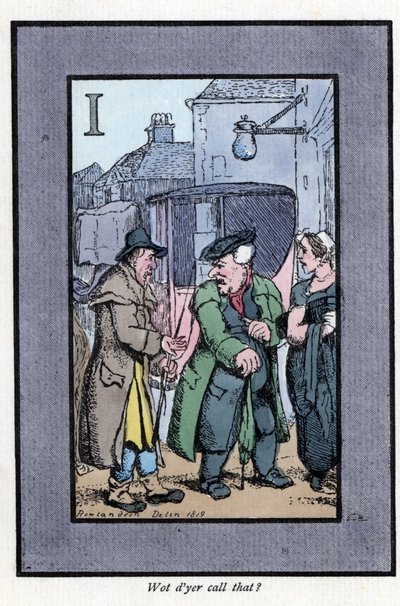 Sprawdź, jak Hackney skarży się pasażerom na drobne napiwki (1819). Drzeworyt, oparty na obrazie Thomasa Rowlandsona (1756-1827), opublikowanym w The Cris of London: z sześciorgiem uroczych dzieci i prawie 40 ilustracjami, Andrew Tuer, Field i Tuer, autorstwa Thomas Rowlandson