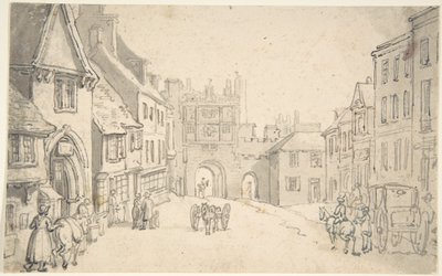 Widok miasta ze średniowieczną bramą (być może York) autorstwa Thomas Rowlandson
