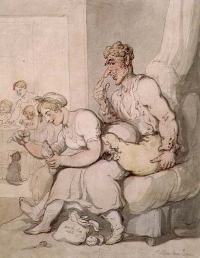 Cerowanie skarpety (pióro i tusz, akwarela) autorstwa Thomas Rowlandson