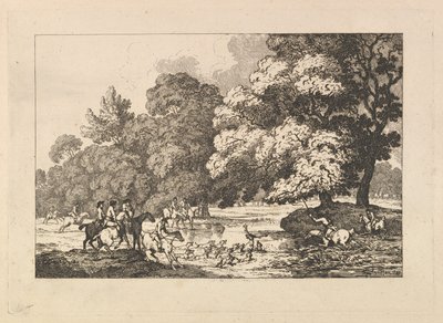 Polowanie na jelenie – pejzaż przedstawiający jelenia i psy myśliwskie nad rzeką autorstwa Thomas Rowlandson