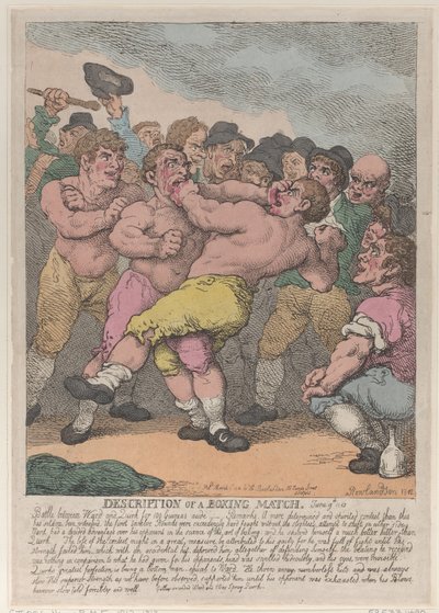 Opis meczu bokserskiego pomiędzy Wardem a Quirkiem za 100 gwinei na stronę, Marc..., 1 marca 1812. autorstwa Thomas Rowlandson