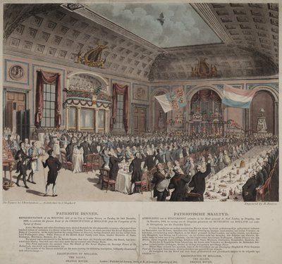 Kolacja z okazji wyzwolenia Holandii z Francji, City of London Tavern, Bishopsgate, 1814 (akwatinta) autorstwa Thomas Rowlandson
