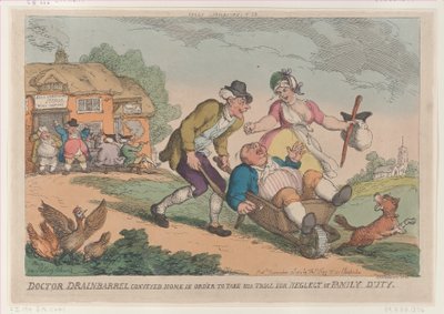 Doktor Drainbarrel przeniósł się do domu, aby wziąć udział w procesie za zaniedbanie Fa..., 30 listopada 1810 r. autorstwa Thomas Rowlandson
