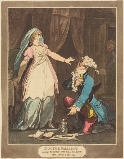 Doktor Gallipot kładzie swój „Fortune” u stóp swojej kochanki autorstwa Thomas Rowlandson