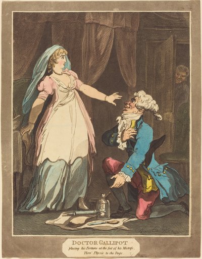 Doktor Gallipot umieszcza swoją fortunę u stóp swojej Pani, 1808. autorstwa Thomas Rowlandson